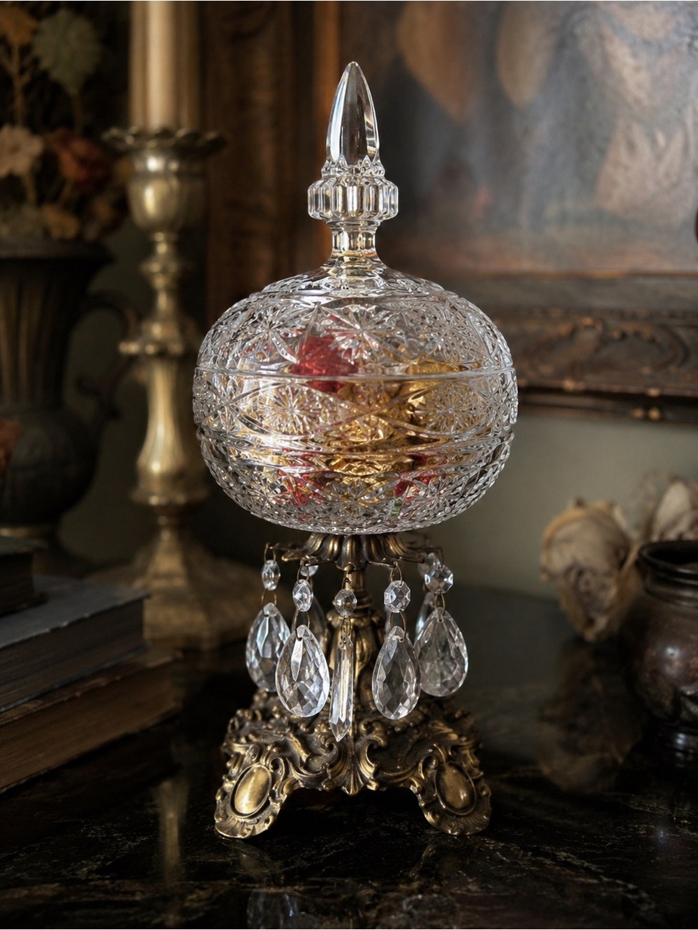 Vintage Crystal Candy Dish with Lid | Hollywood Regency | Crystal Prism Compote